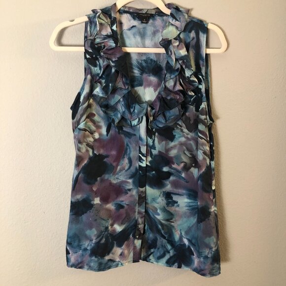 ANN TAYLOR 100% Silk Watercolor Ruffled Sleeveless Blouse - Picture 3 of 10